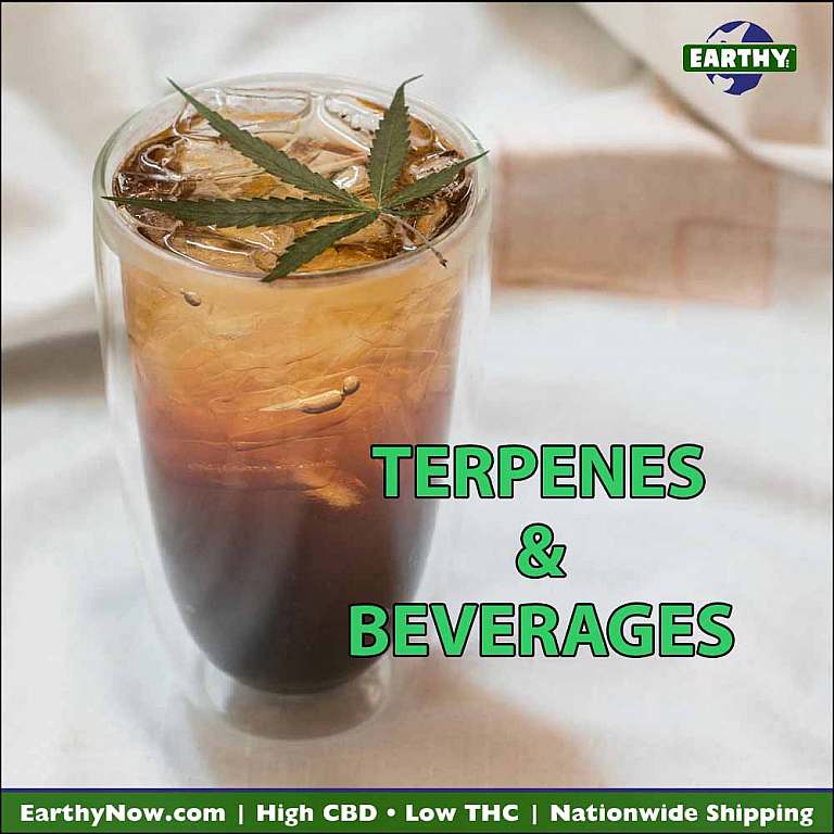 Cannabis terpenes and beverage and hemp leaf, Earthy Now logo
