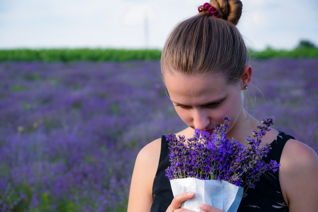 Woman smells the scents of terpenes from purple flowers, in front of a field of flowers. Cannabis terpenes relate to terpenes used in aromatherapy 